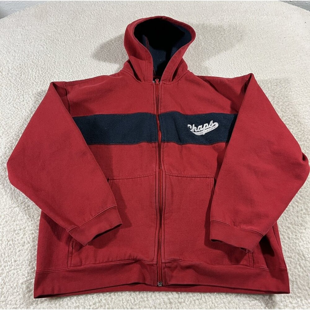 Chaps Ralph Lauren Hoodie Mens Large Full Zip Heavyweight Fleece Lined Red VTG